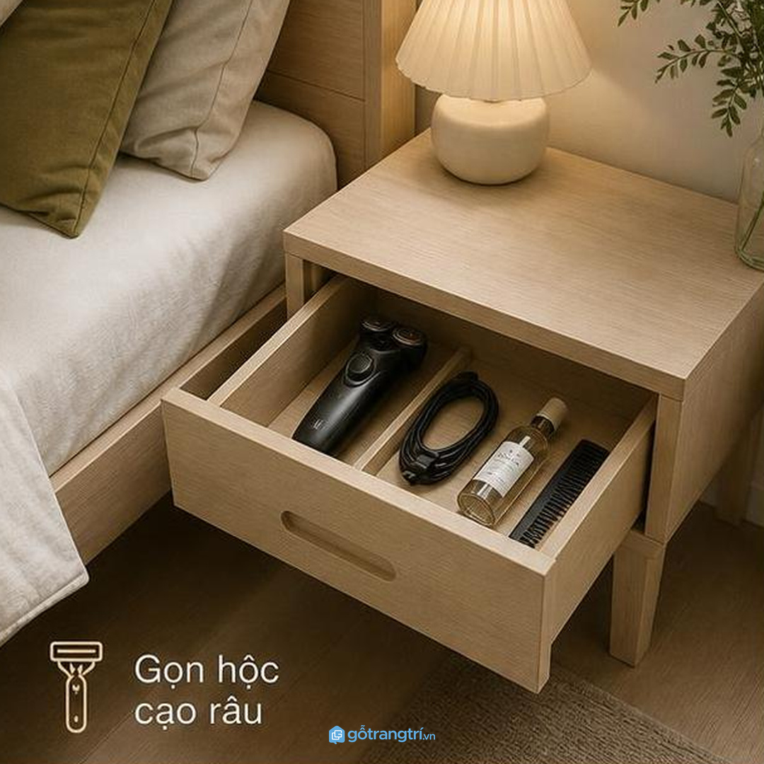 Tủ máy cạo râu phòng ngủ nhỏ giúp gọn máy, gọn dây sạc và sạch bàn trang điểm hơn