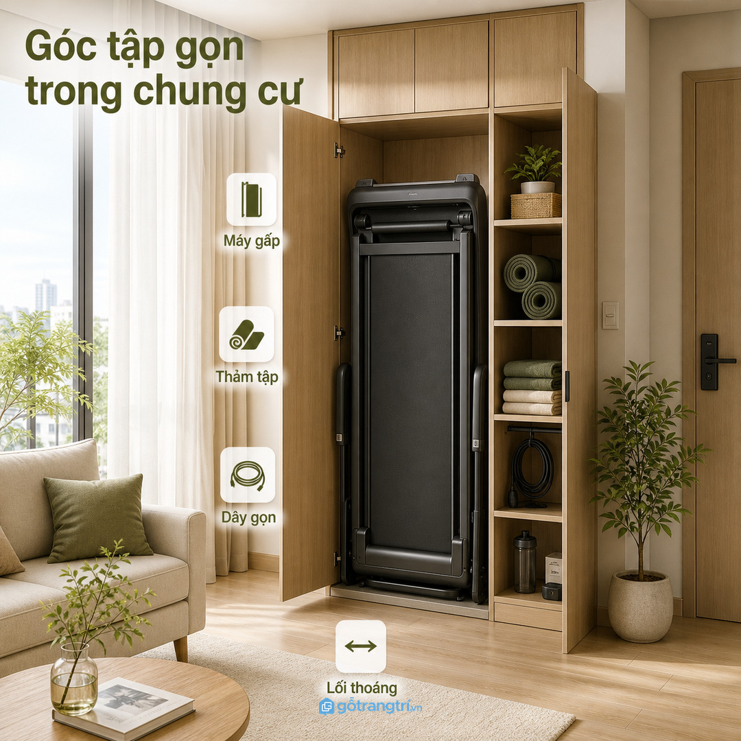 Tủ máy chạy bộ gấp cho chung cư nhỏ gom máy, thảm tập, khăn và dây nguồn vào một góc gọn sạch