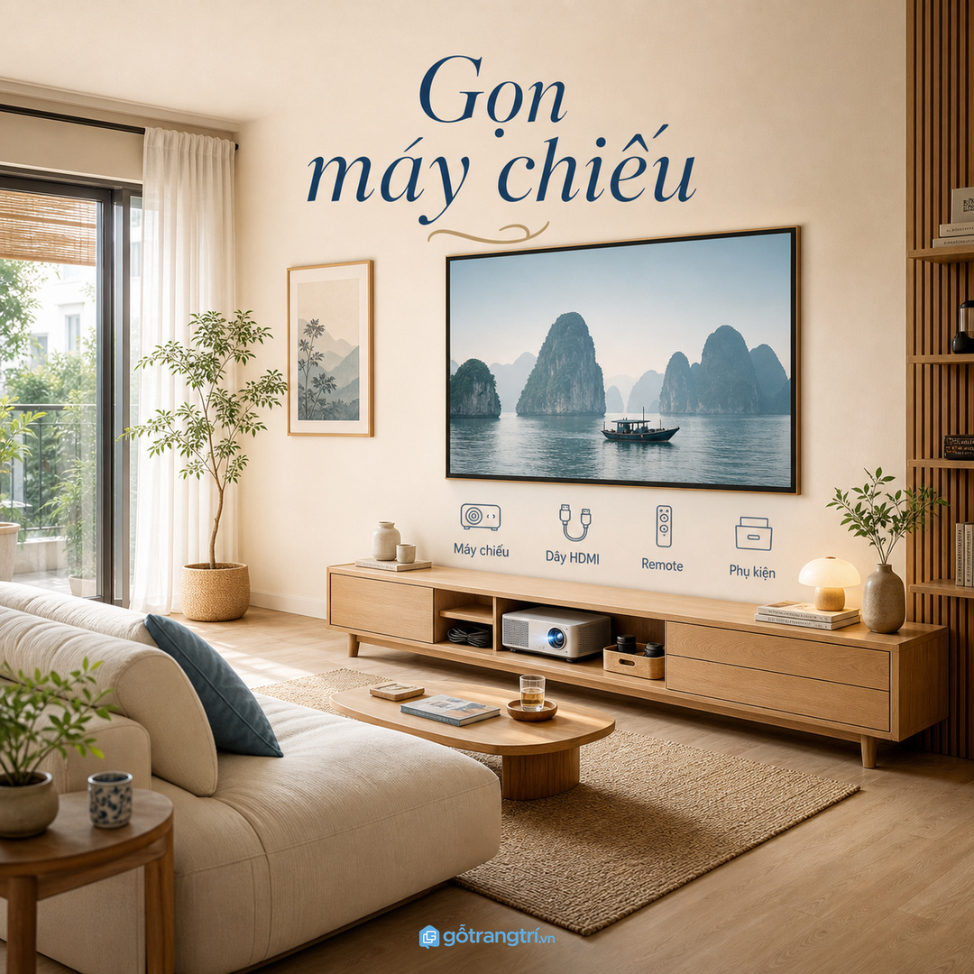 Tủ máy chiếu mini giúp gom máy chiếu dây HDMI remote và phụ kiện xem phim vào một điểm gọn