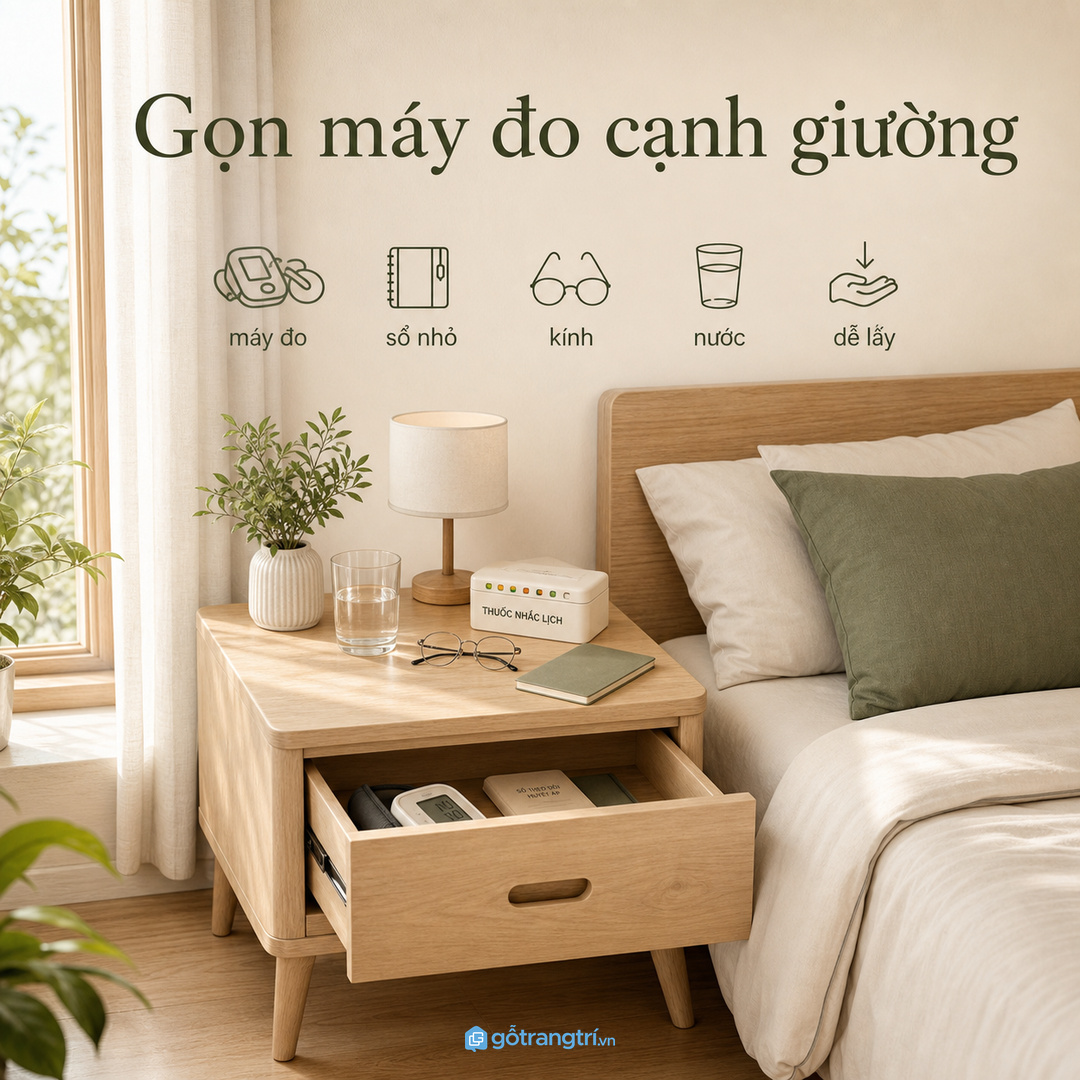Tủ máy đo huyết áp đầu giường giúp phòng ngủ nhỏ gọn máy và dễ lấy hơn