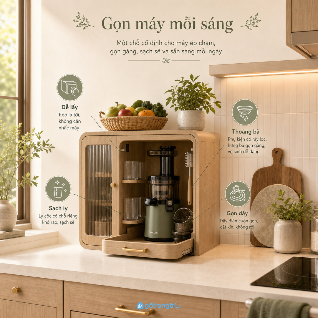 Tủ máy ép chậm cho bếp nhỏ giúp gom máy, ly và phụ kiện vào một khoang dễ lấy mỗi sáng
