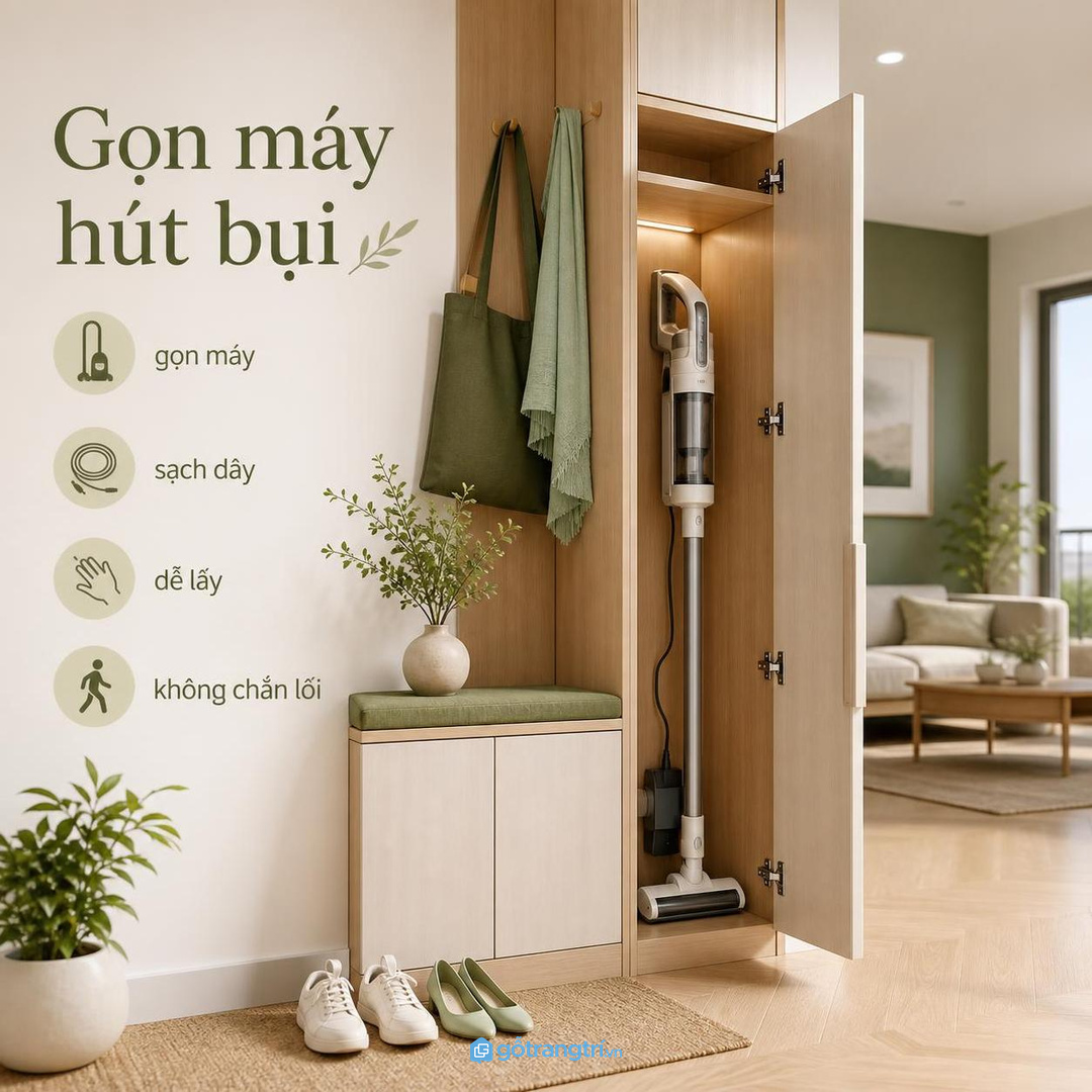 Tủ máy hút bụi cầm tay cho chung cư nhỏ giúp gọn máy sạch dây và dễ lấy hơn