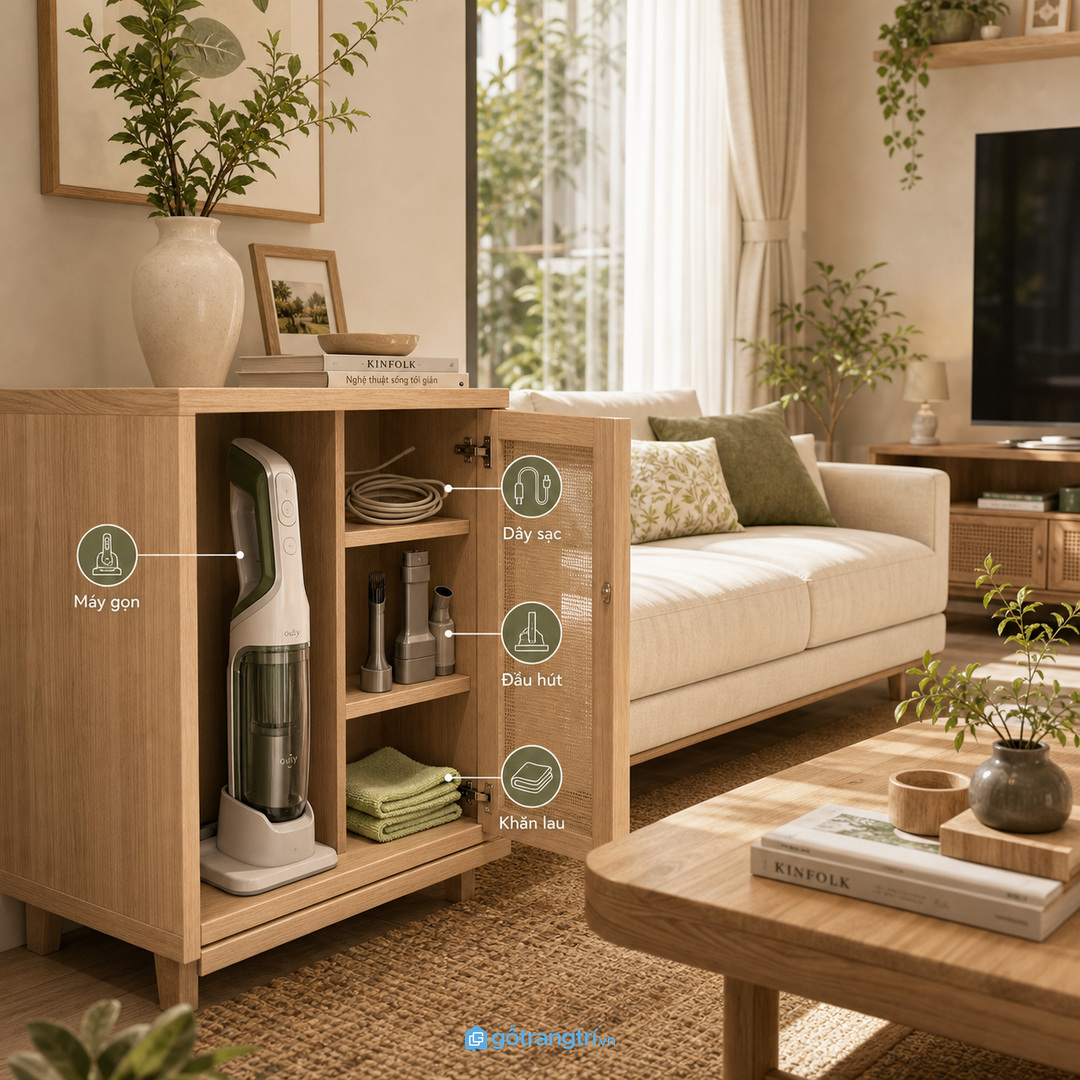Tủ máy hút bụi cầm tay phòng khách nhỏ gom thân máy đầu hút dây sạc và khăn lau vào một điểm gọn