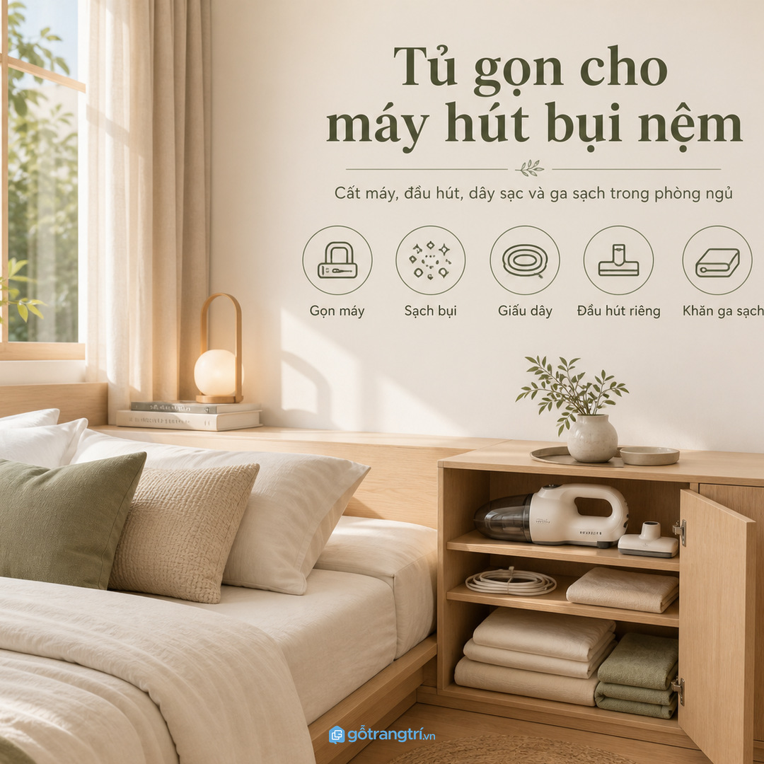 Tủ máy hút bụi nệm phòng ngủ nhỏ giúp máy đầu hút và khăn sạch luôn gần giường