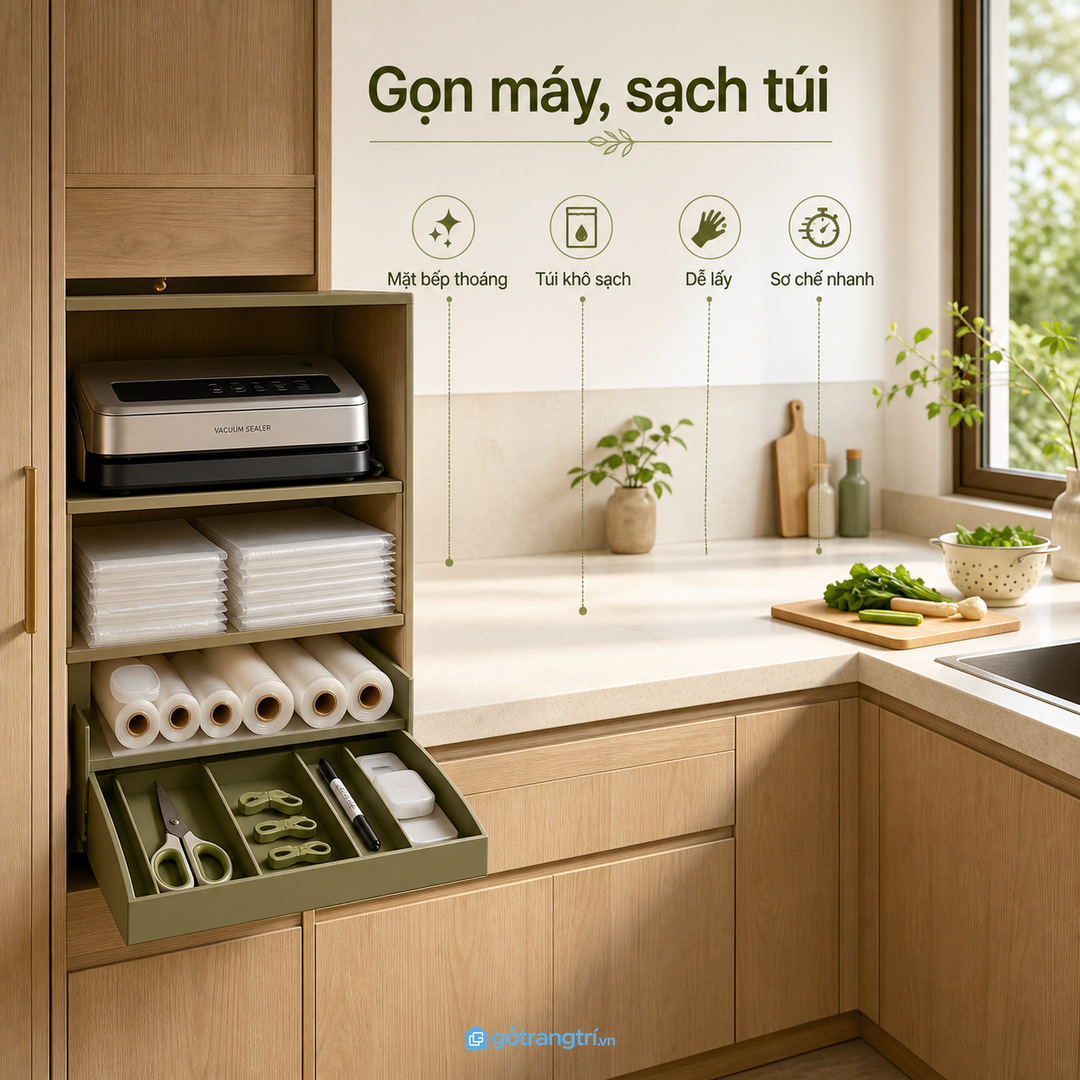 Tủ máy hút chân không giúp bếp nhỏ gọn máy và sạch túi hơn