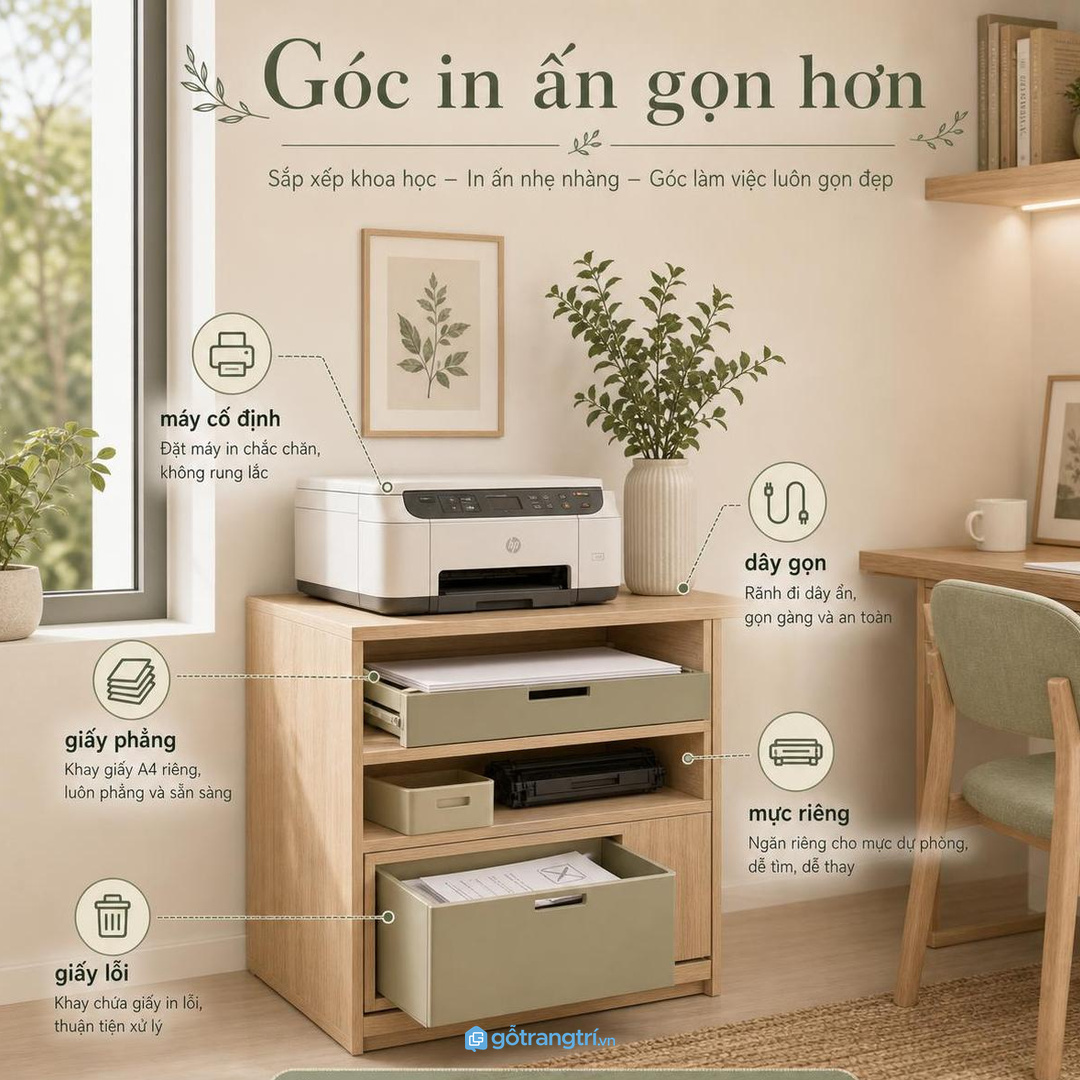 Tủ máy in giúp góc in ấn văn phòng nhỏ gọn giấy và sạch dây