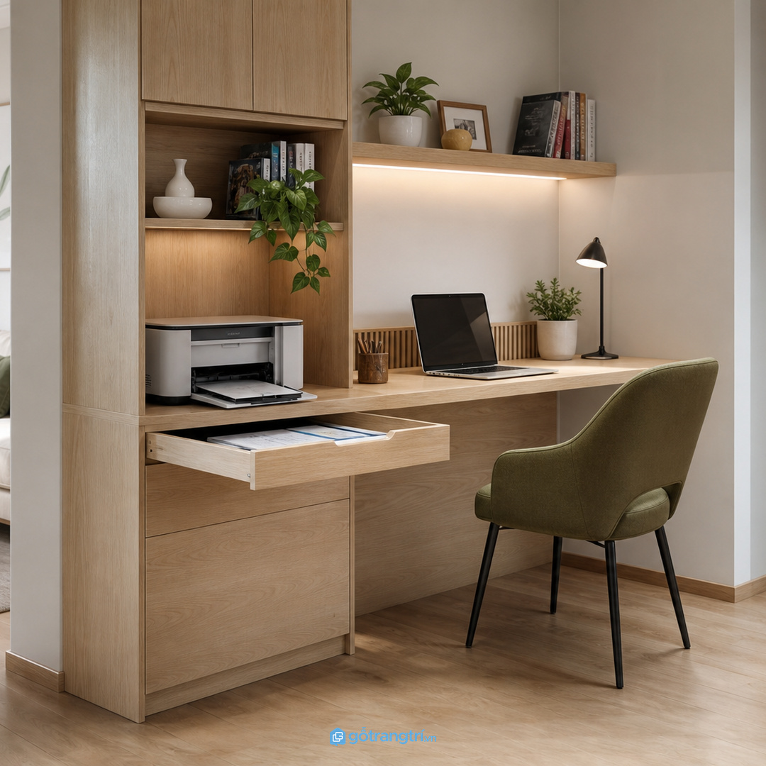 Tủ máy in cho chung cư nhỏ giúp góc làm việc gọn dây và sạch mặt bàn