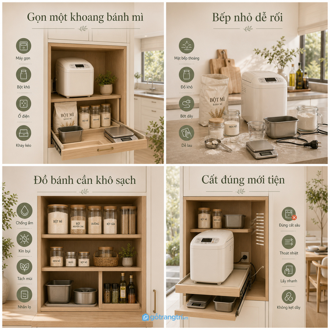 Tủ máy làm bánh mì giúp gom máy, bột, men, khuôn và cân điện tử vào một khoang gọn