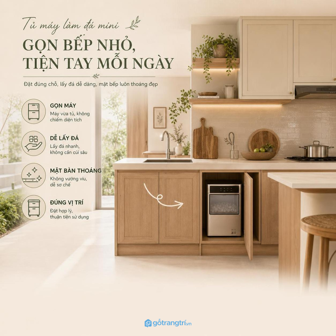 Tủ máy làm đá mini cho bếp nhỏ giúp gọn máy và dễ lấy đá hơn