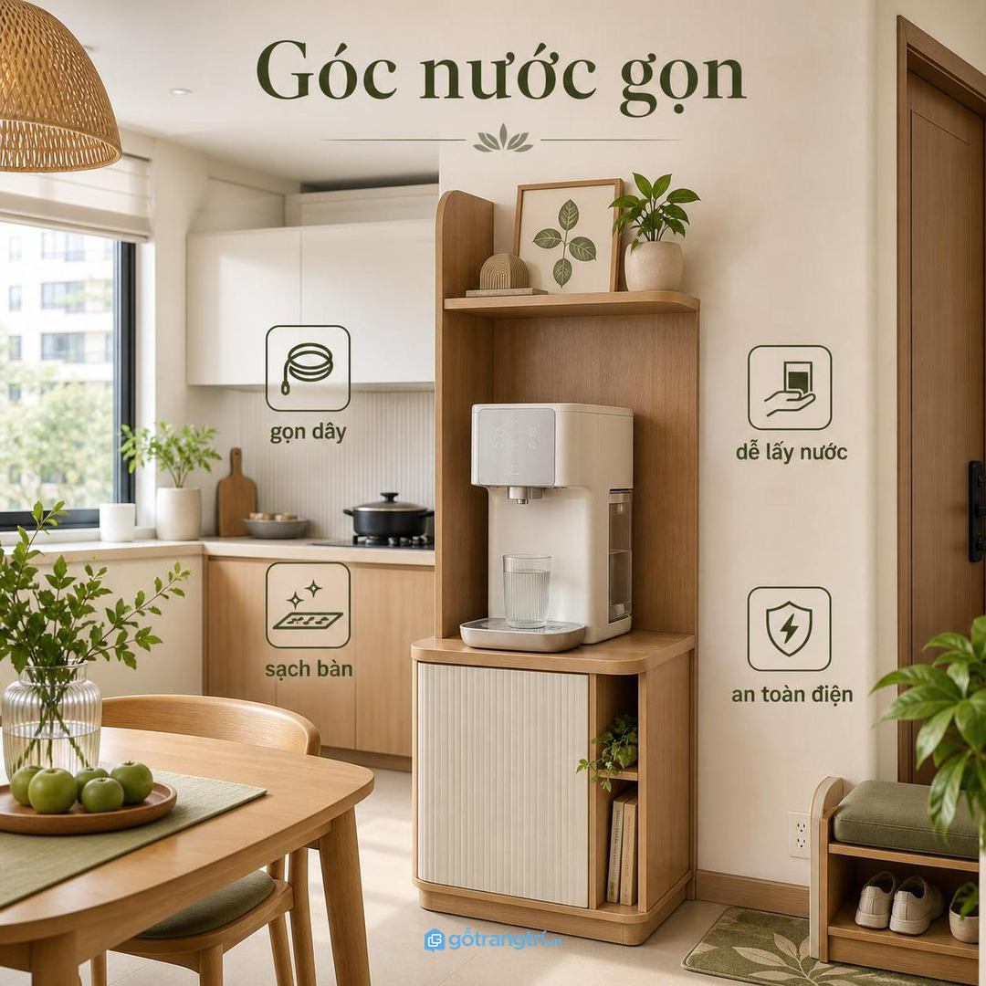Tủ máy lọc nước để bàn cho chung cư nhỏ gom máy cốc khay nước và dây điện vào một góc gọn sạch