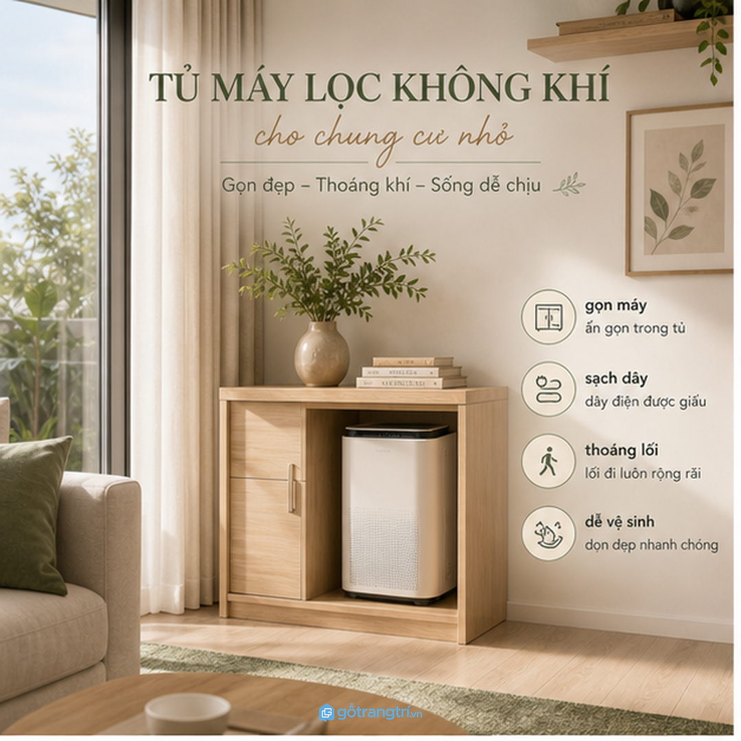 Tủ máy lọc không khí cho chung cư nhỏ giúp gọn máy sạch dây và thoáng lối đi