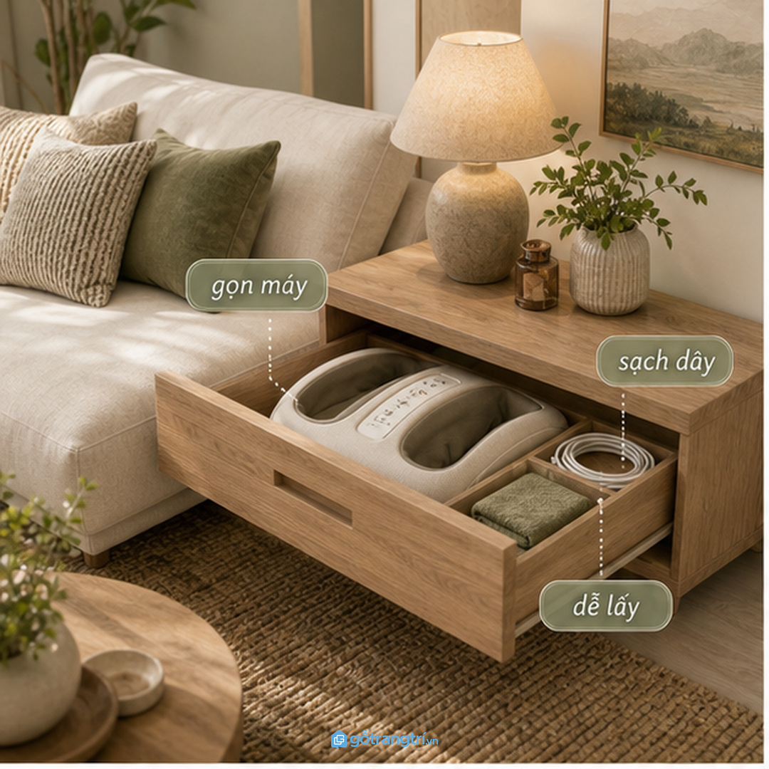 Tủ máy massage chân cho chung cư nhỏ giúp góc thư giãn gọn máy, sạch dây và dễ dùng mỗi ngày