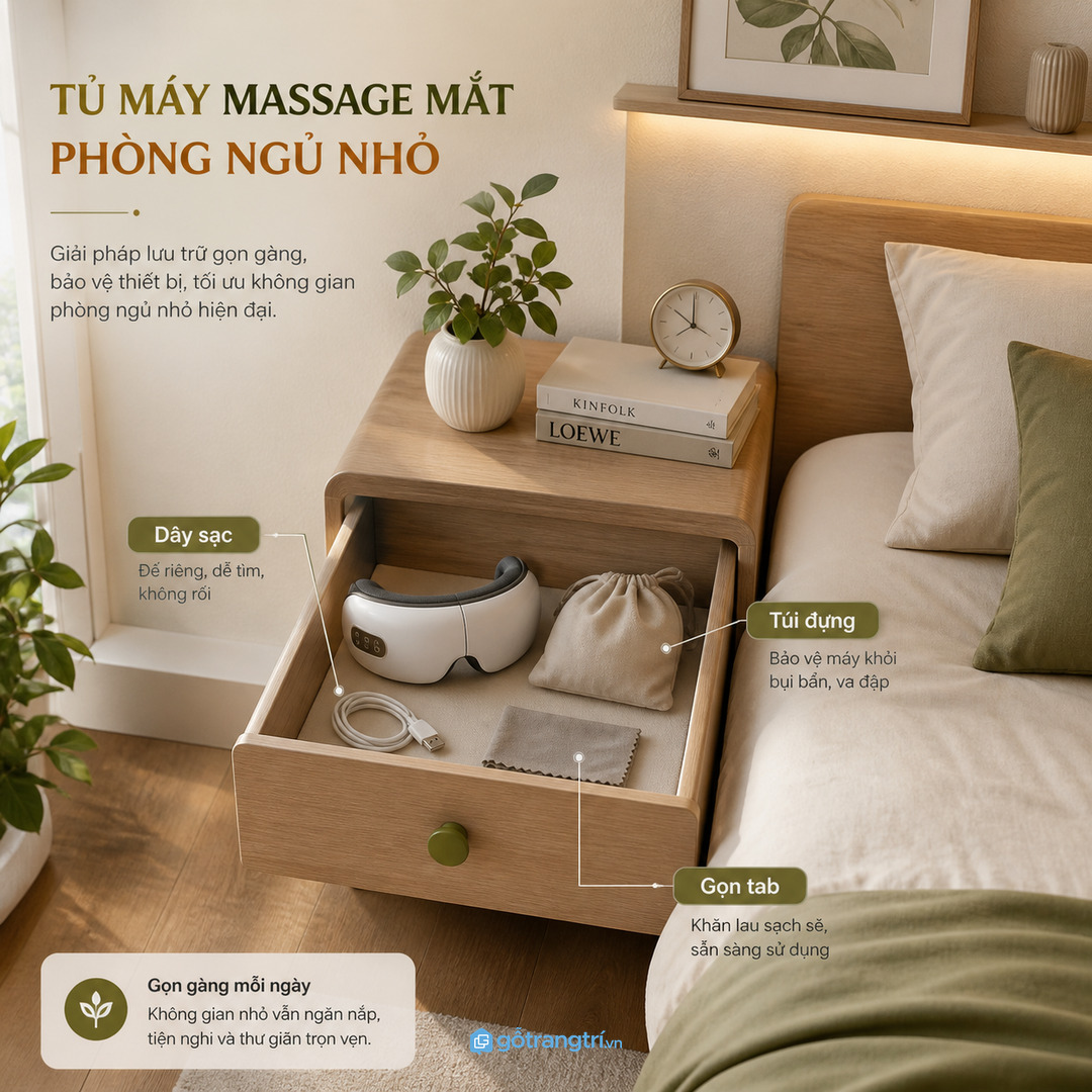 Tủ máy massage mắt phòng ngủ nhỏ gom máy massage mắt dây sạc túi đựng và phụ kiện vào một điểm gọn