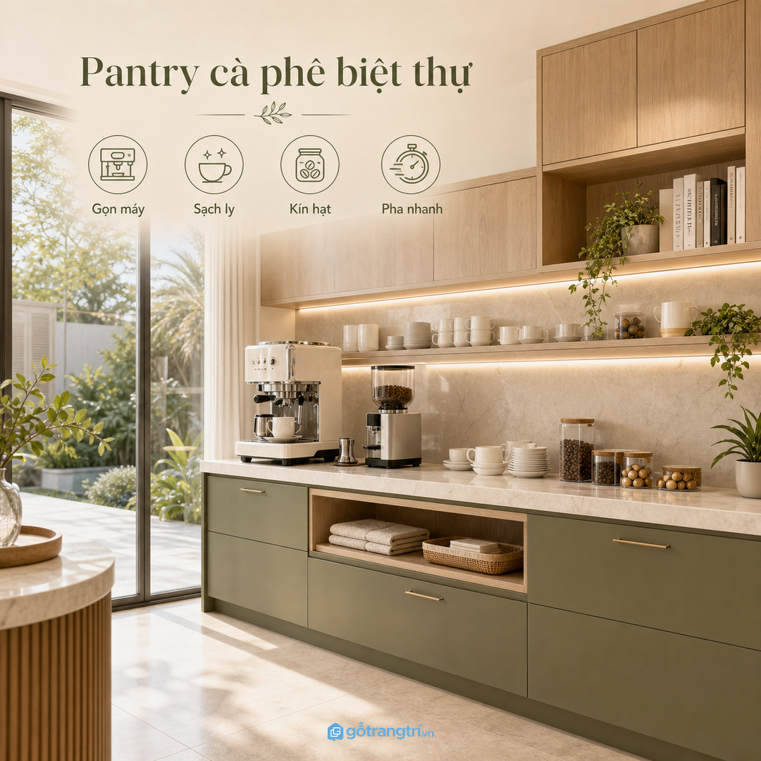 Tủ máy pha cà phê pantry biệt thự gom máy ly hạt và phụ kiện trong một góc gọn