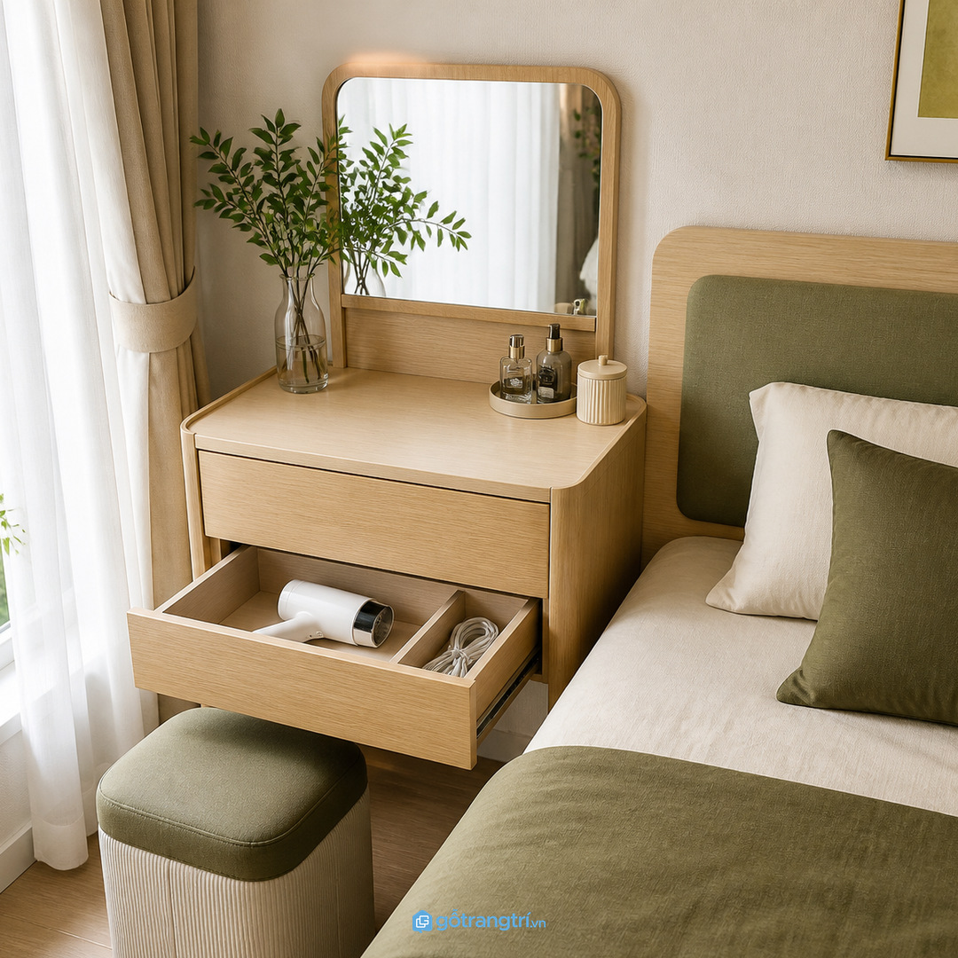 Tủ máy sấy tóc giúp góc bàn trang điểm gọn dây và sạch hơn mỗi sáng