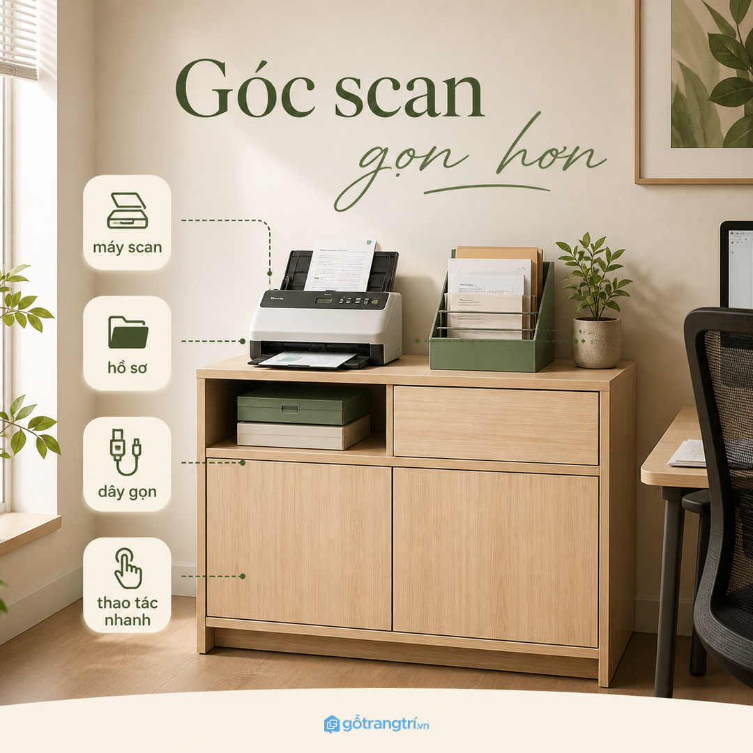 Tủ máy scan hồ sơ văn phòng nhỏ giúp góc quét tài liệu gọn và thao tác nhanh