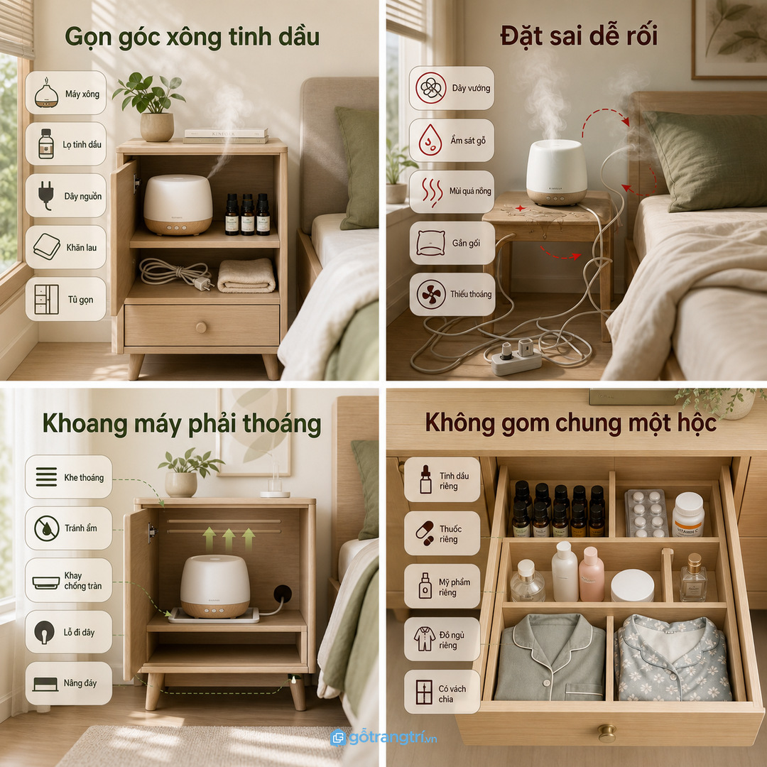 Tủ máy tạo ẩm mini phòng ngủ nhỏ giúp gọn máy sạch dây và dễ ngủ hơn