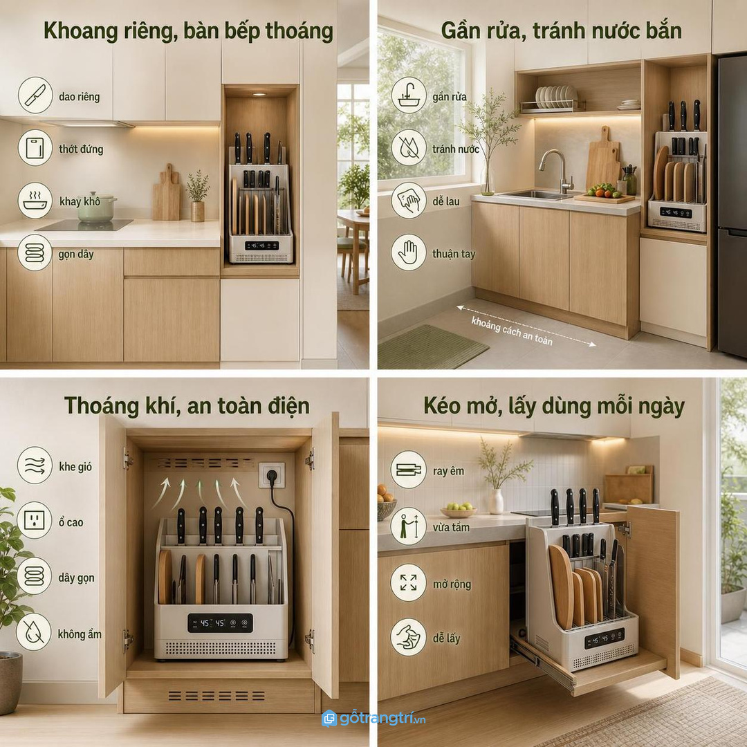 Tủ máy tiệt trùng dao thớt cho bếp nhỏ giúp gọn dao, khô thớt và sạch mặt bàn