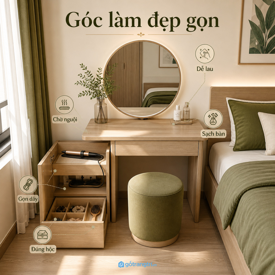 Tủ máy uốn tóc phòng ngủ nhỏ giúp gọn dây chống nóng và sạch bàn trang điểm hơn