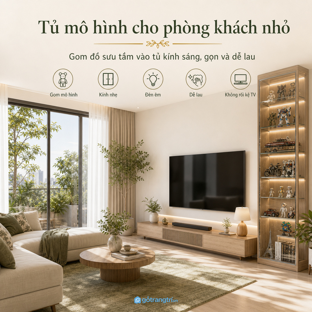 Tủ mô hình có đèn phòng khách nhỏ giúp gom đồ sưu tầm gọn bụi và sáng góc trưng bày