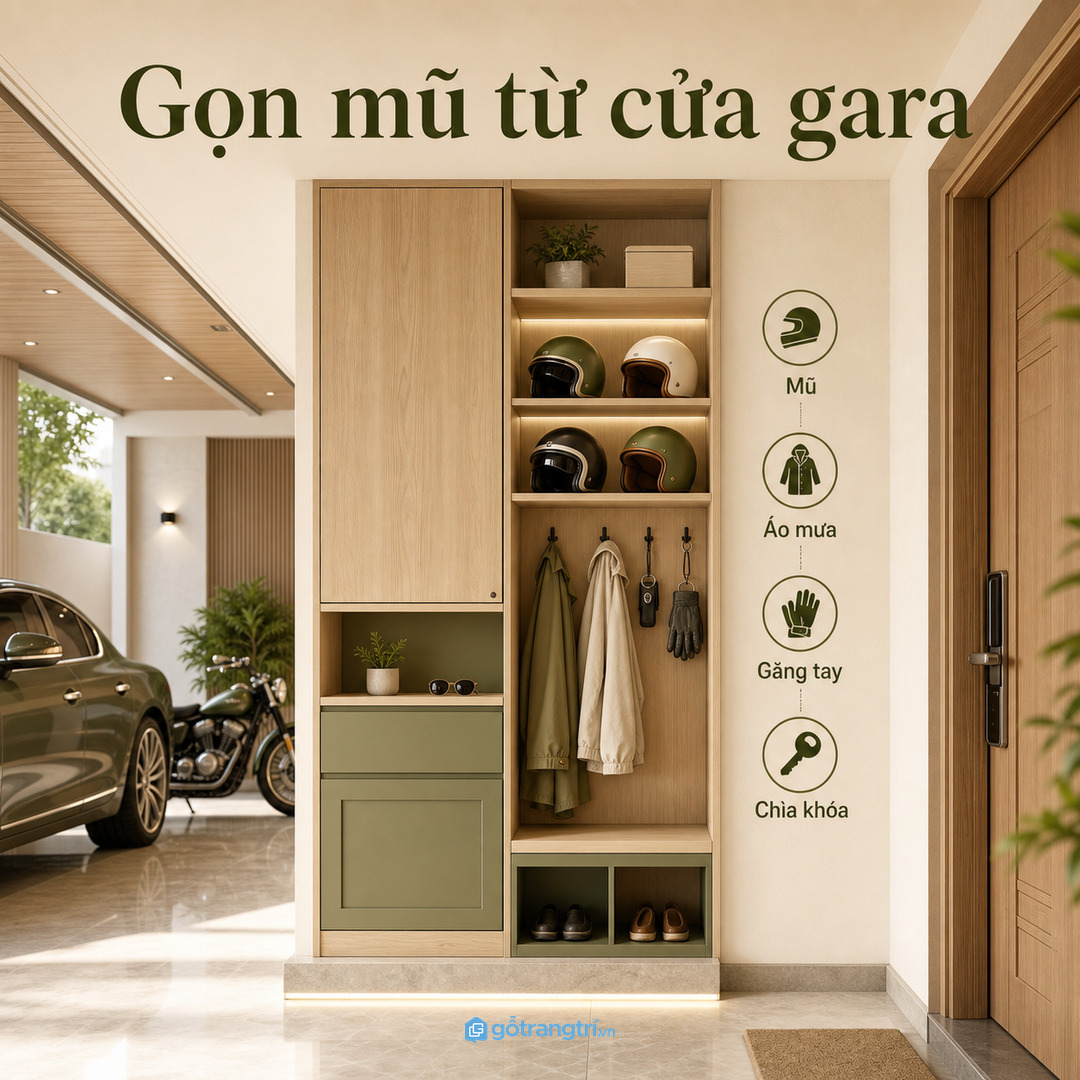 Tủ mũ bảo hiểm gara biệt thự gom mũ áo mưa găng tay kính và chìa khóa vào một điểm gọn