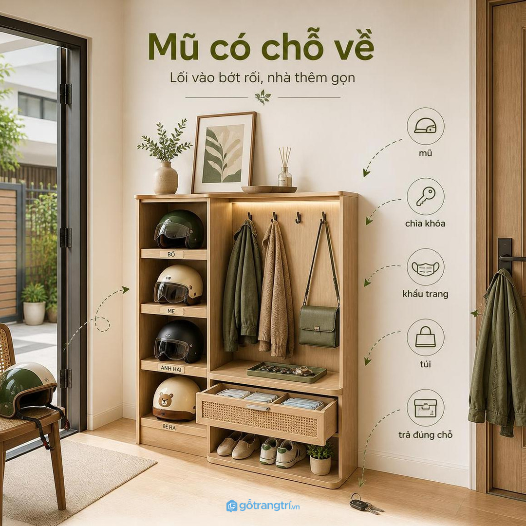 Tủ mũ bảo hiểm giúp lối vào nhà phố nhỏ gọn hơn mỗi ngày