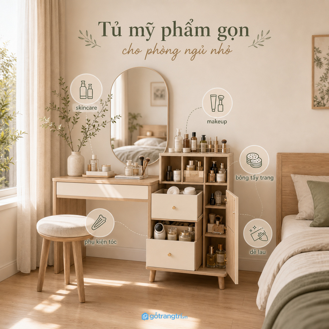 Tủ mỹ phẩm cho phòng ngủ nhỏ giúp gom skincare, đồ trang điểm và phụ kiện chăm sóc cá nhân vào một điểm gọn