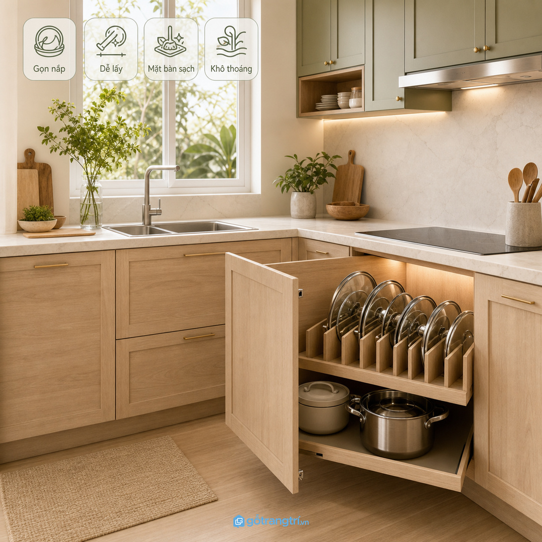 Tủ nắp nồi âm tủ bếp giúp nắp nồi và nắp chảo gọn hơn trong bếp nhỏ