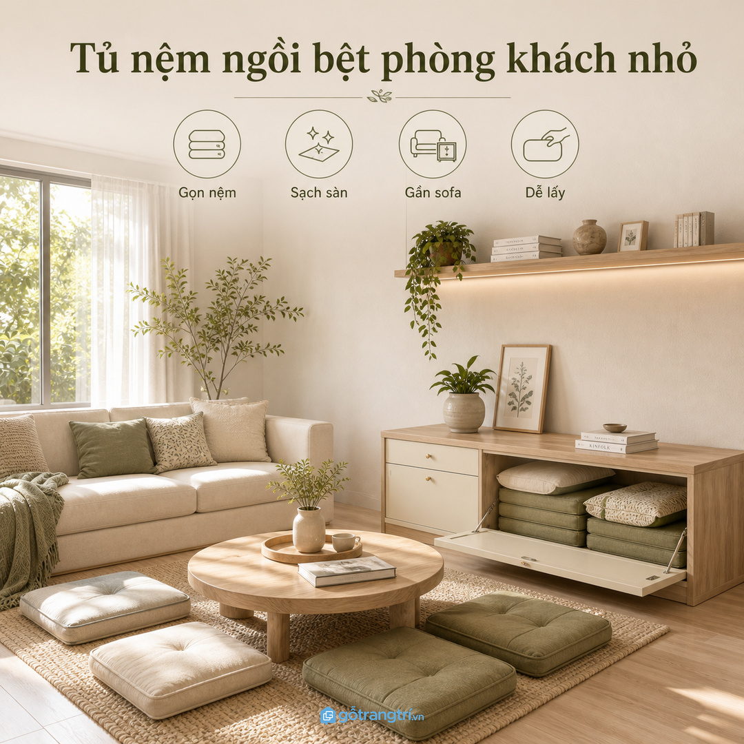 Tủ nệm ngồi bệt phòng khách nhỏ giúp cất nệm, gối sàn và đồ ngồi quây quần gọn sạch hơn