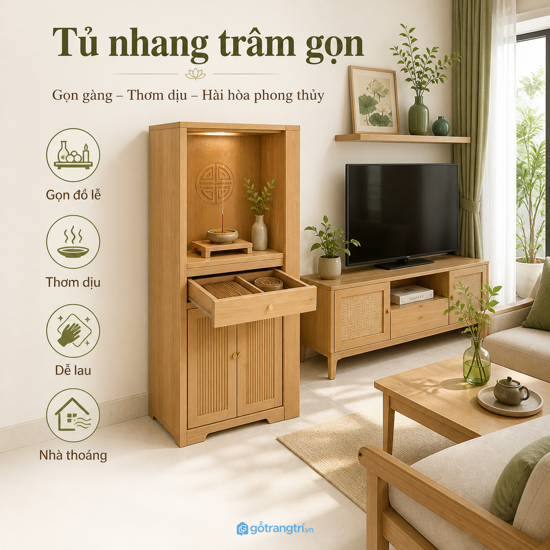Tủ nhang trầm phong thủy giúp phòng khách nhỏ thơm dịu, gọn đồ lễ và nhà vẫn thoáng