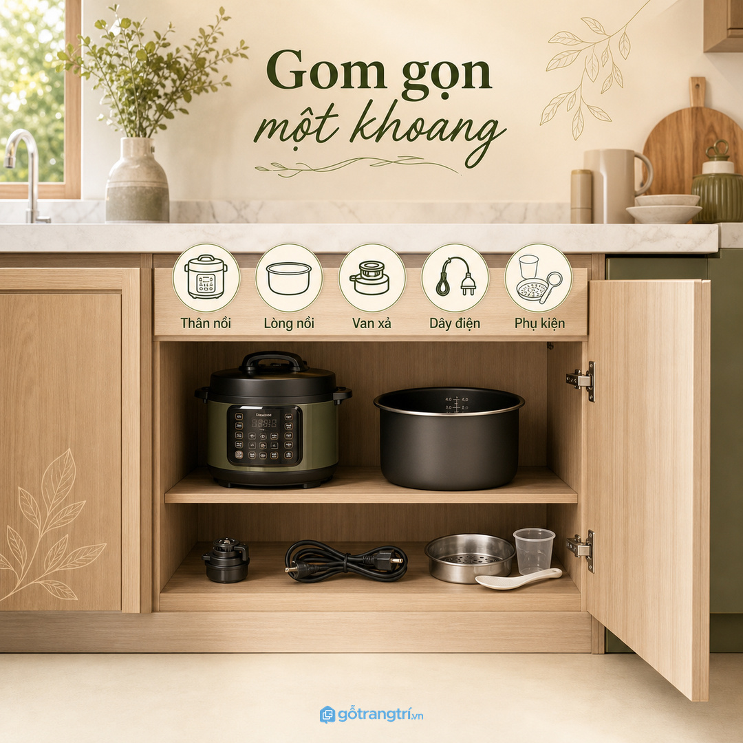 Tủ nồi áp suất điện giúp gom nồi, lòng nồi, khay và đồ nấu áp suất vào một khoang gọn