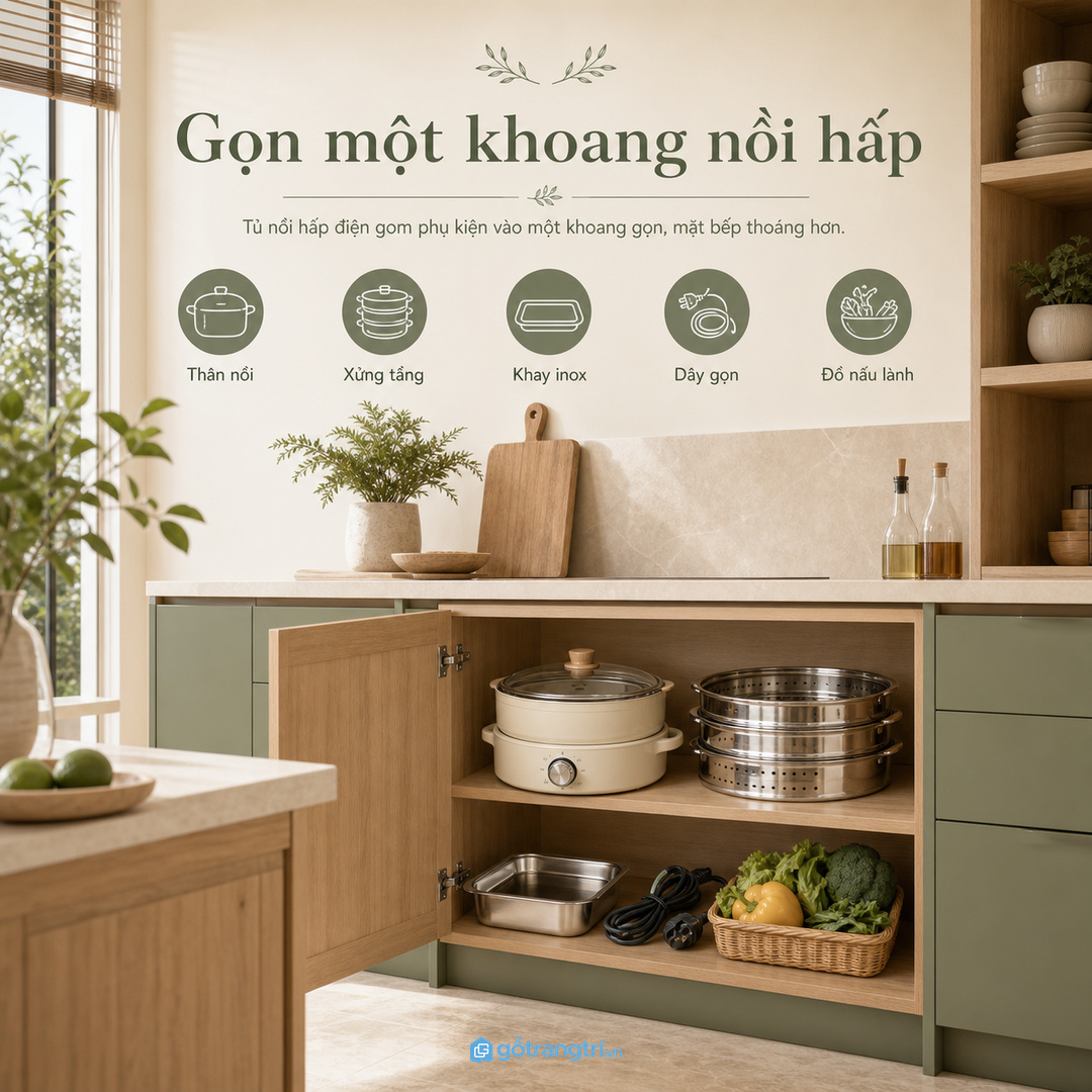 Tủ nồi hấp điện giúp gom nồi, xửng, khay và đồ nấu lành vào một khoang gọn