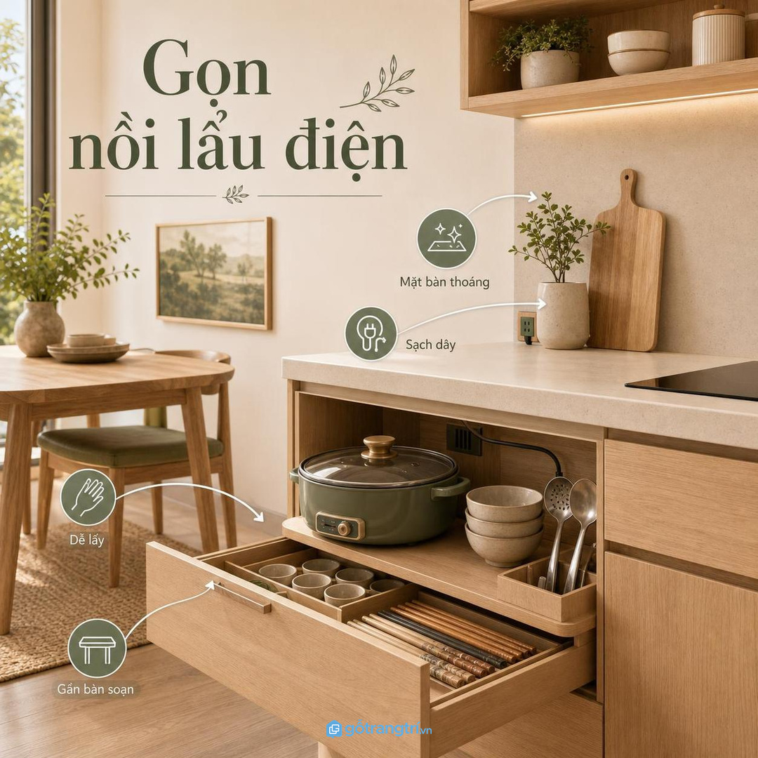 Tủ nồi lẩu điện cho bếp nhỏ giúp gọn máy, sạch dây và dễ đãi khách hơn