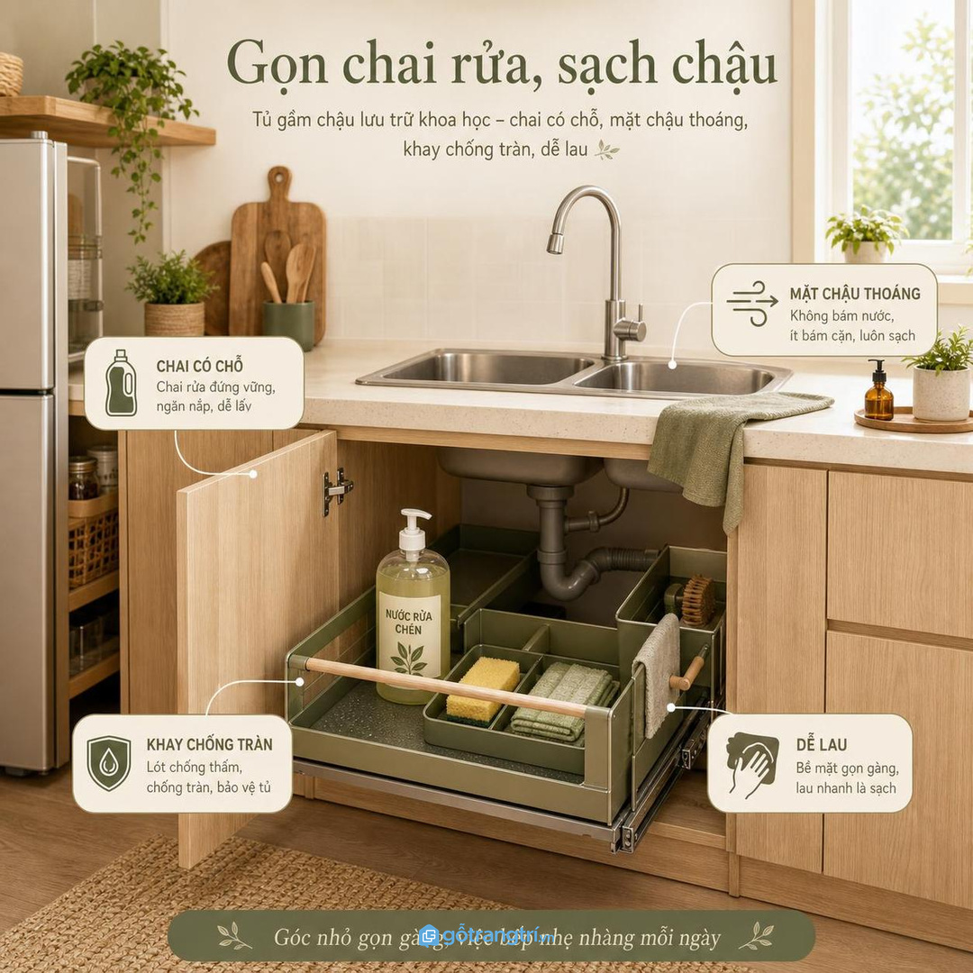 Tủ nước rửa chén âm tủ giúp gọn chai rửa, sạch chậu và dễ lau hơn