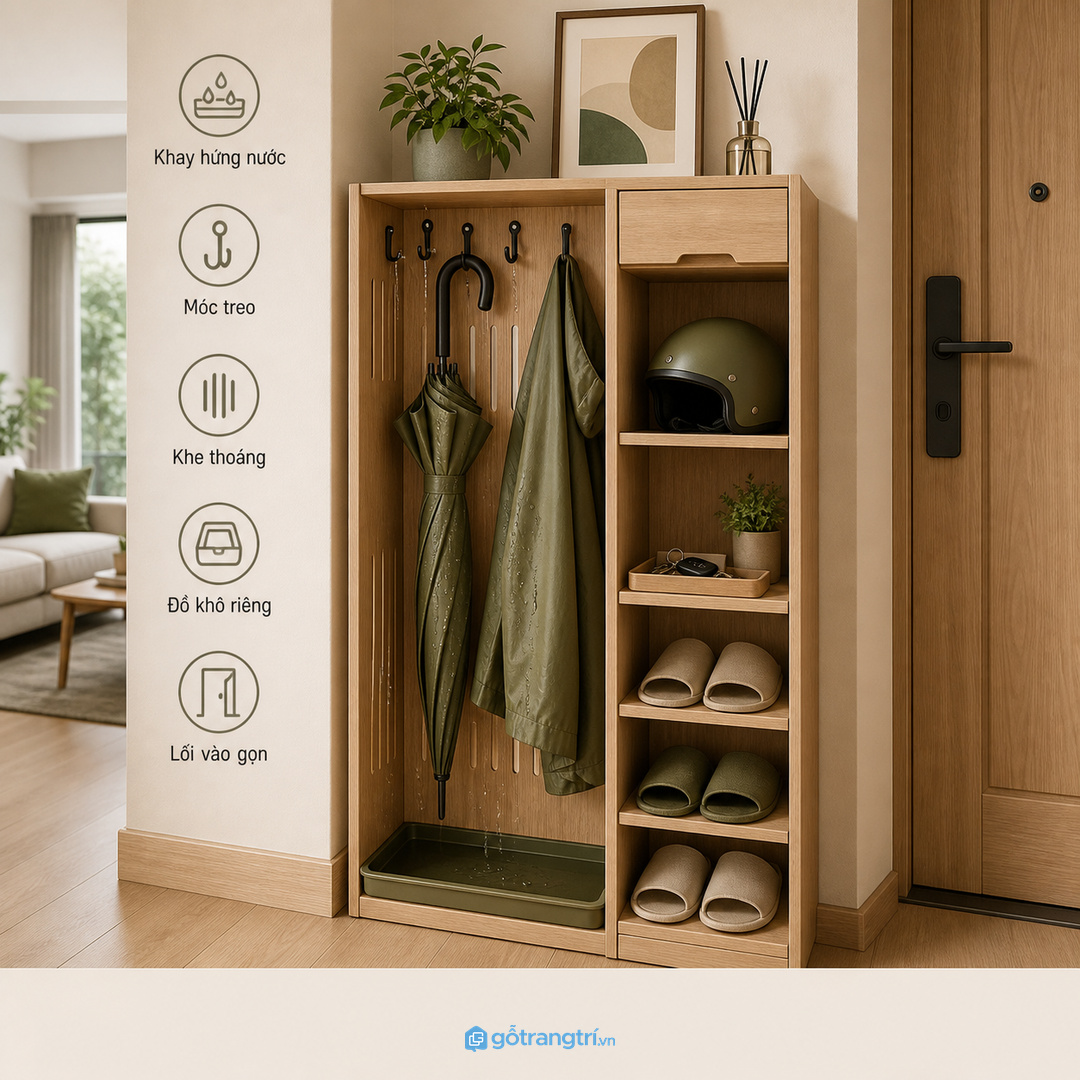 Tủ ô dù áo mưa giúp lối vào chung cư nhỏ khô gọn hơn
