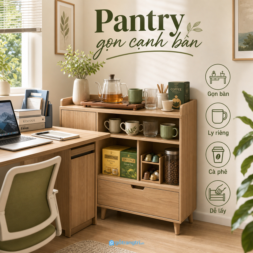 Tủ pantry mini văn phòng nhỏ giúp góc pha cà phê gọn hơn