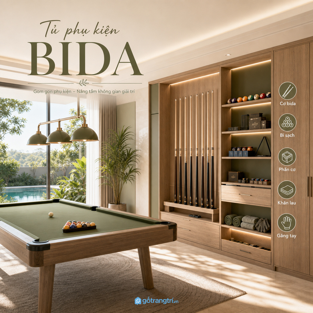 Tủ phụ kiện bi-a biệt thự gom cơ bóng phấn khăn lau và đồ bảo trì vào một điểm gọn sạch