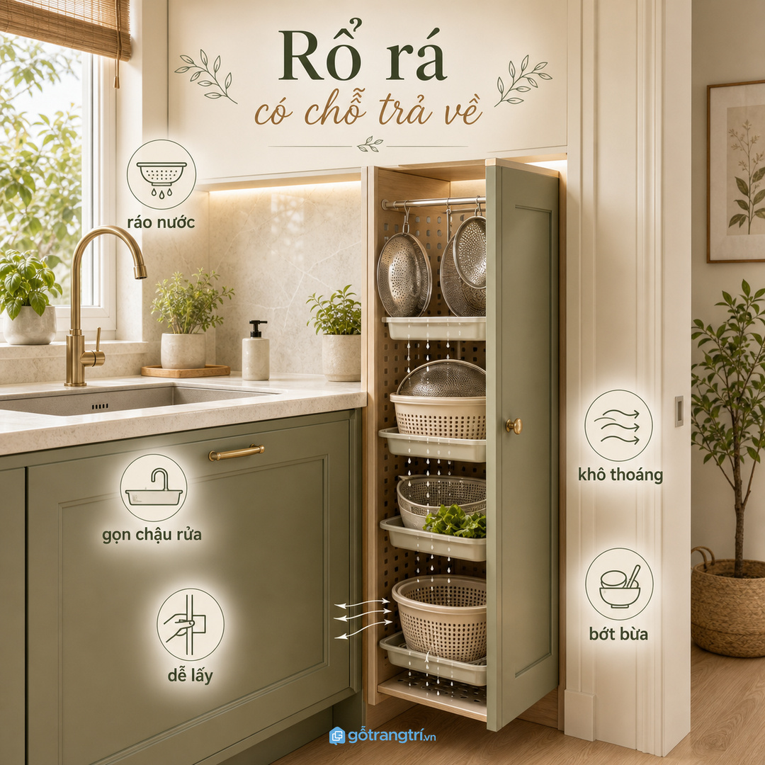 Tủ rổ rá sơ chế giúp rổ rá có chỗ trả về sau khi rửa, khu chậu gọn và dễ nấu hơn
