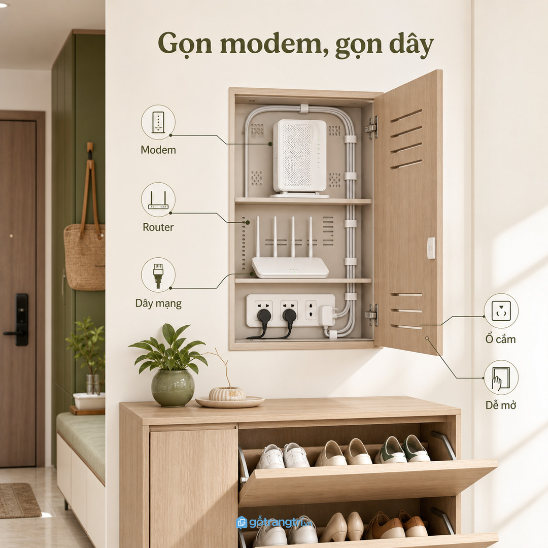 Tủ router wifi âm tường cho chung cư nhỏ gom modem router dây mạng và ổ cắm vào một điểm gọn dễ bảo trì