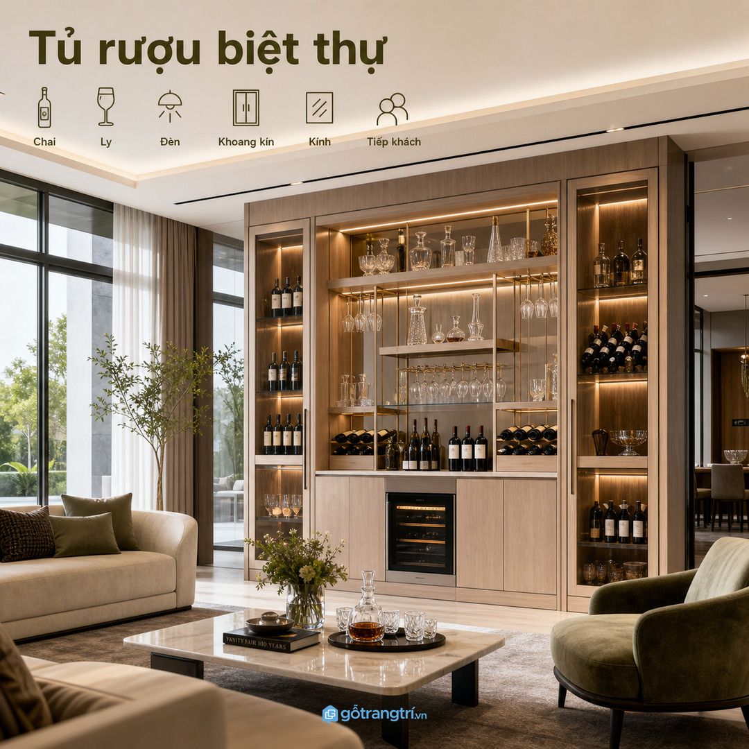 Tủ rượu gầm cầu thang biệt thự biến khoảng trống chuyển tiếp thành góc trưng bày gọn sang