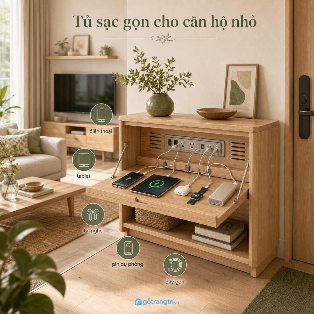 Tủ sạc gia đình giúp gom điện thoại, tablet, tai nghe và dây sạc vào một khoang riêng trong chung cư nhỏ