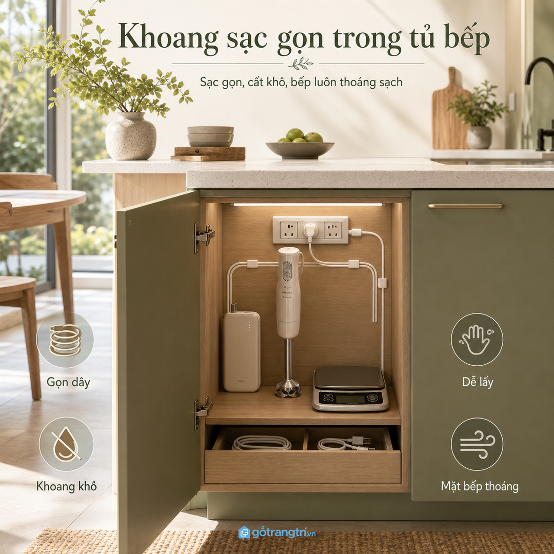 Tủ sạc thiết bị trong tủ bếp giúp gom dây, pin và máy nhỏ vào một khoang khô gọn