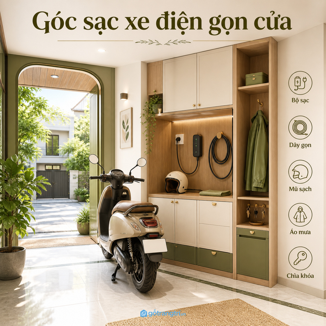 Tủ sạc xe máy điện giúp lối vào nhà phố nhỏ gọn dây, sạch mũ và an toàn hơn