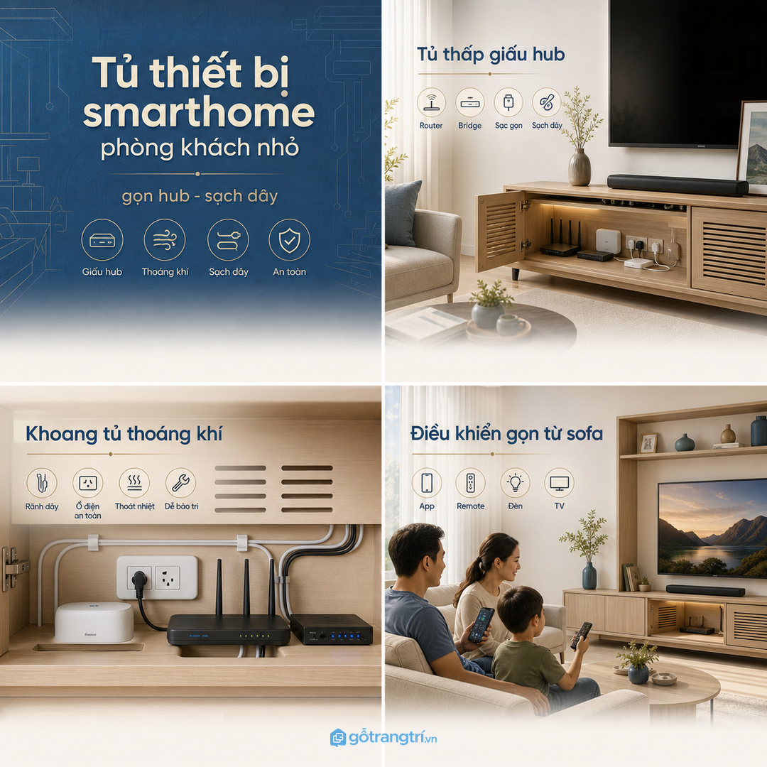 Tủ thiết bị smarthome phòng khách nhỏ gom hub router bridge và dây sạc gọn trong một điểm