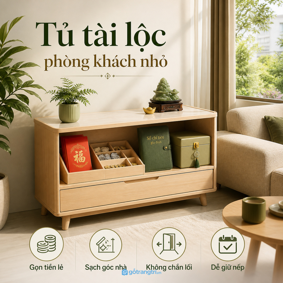 Tủ tài lộc phong thủy phòng khách nhỏ giúp góc nhà gọn tiền lẻ phong bao và vật phẩm may mắn