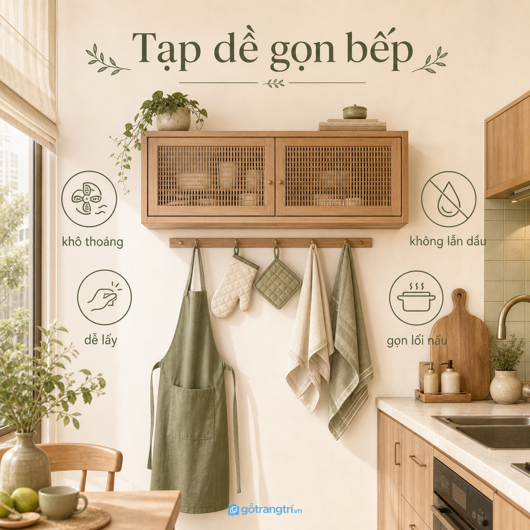 Tủ tạp dề găng tay nhà bếp giúp gom đồ nấu hay bám mùi vào một khu riêng, sạch và dễ lấy