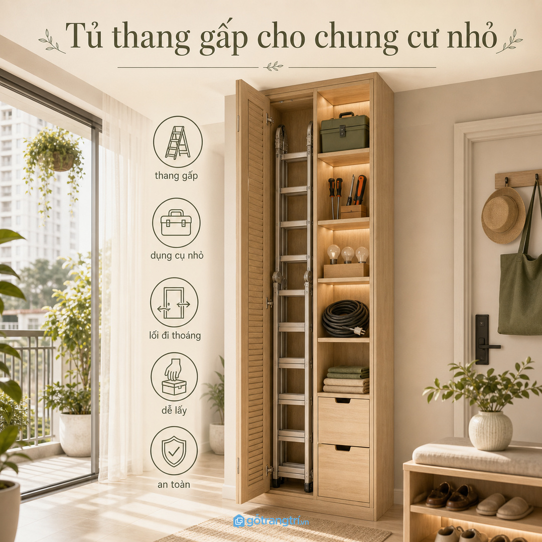 Tủ thang gấp cho chung cư nhỏ giúp gom thang, hộp đồ nghề và đồ sửa chữa về một điểm dễ lấy