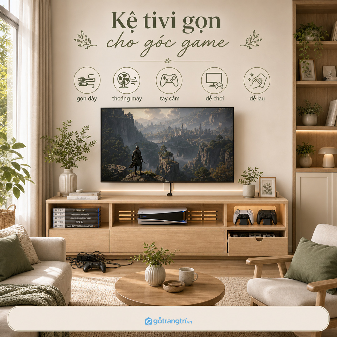 Tủ thiết bị giải trí giúp kệ tivi gọn máy game dây sạc và phụ kiện
