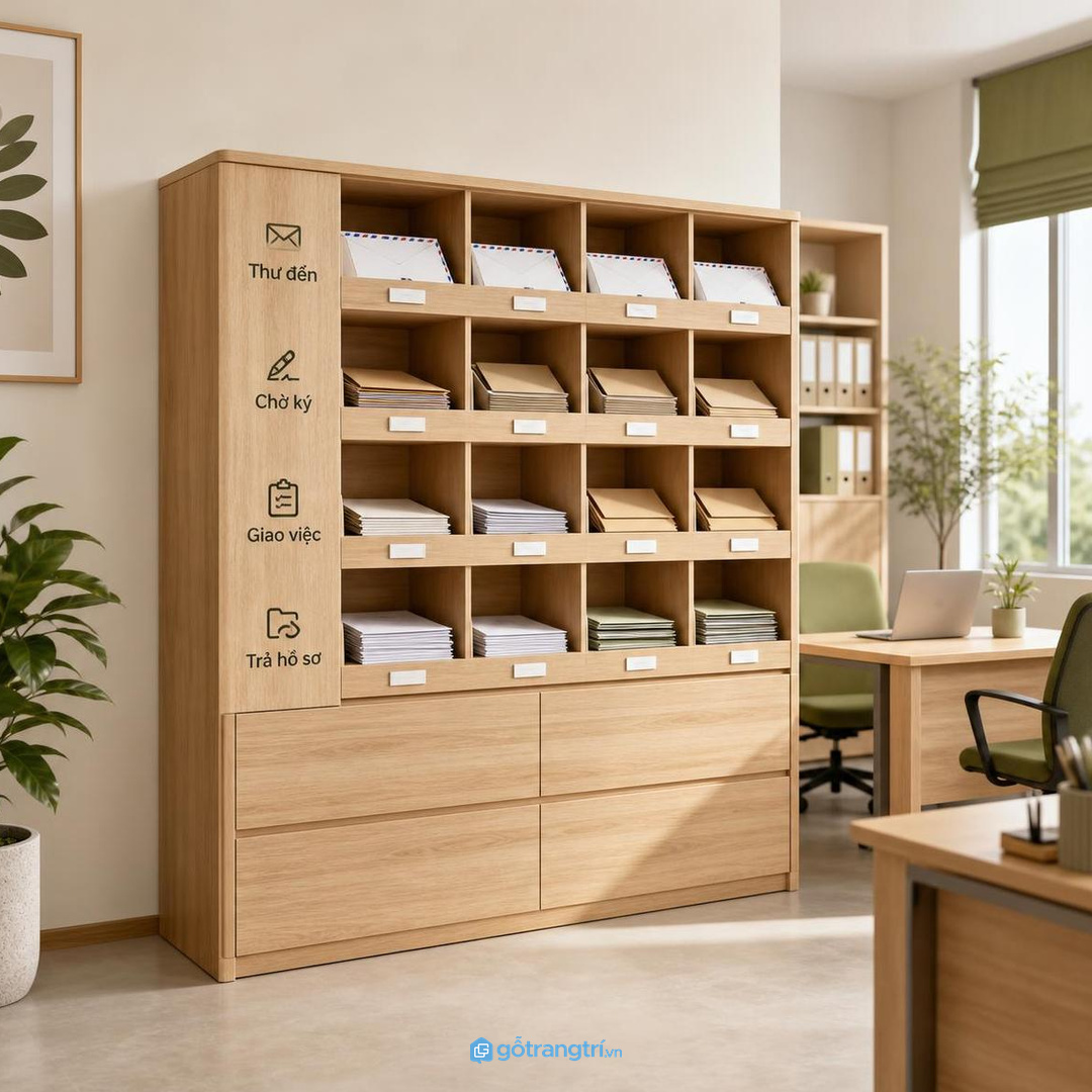 Tủ thư nội bộ giúp gom giấy tờ, phiếu giao việc và hồ sơ chờ ký đúng nơi