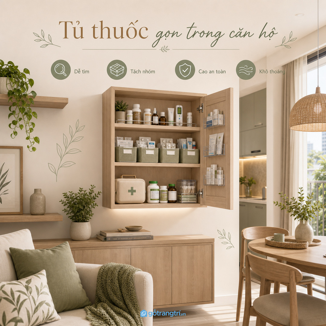 Tủ thuốc gia đình cho chung cư nhỏ giúp gom thuốc đồ sơ cứu và thiết bị chăm sóc vào một điểm gọn dễ tìm